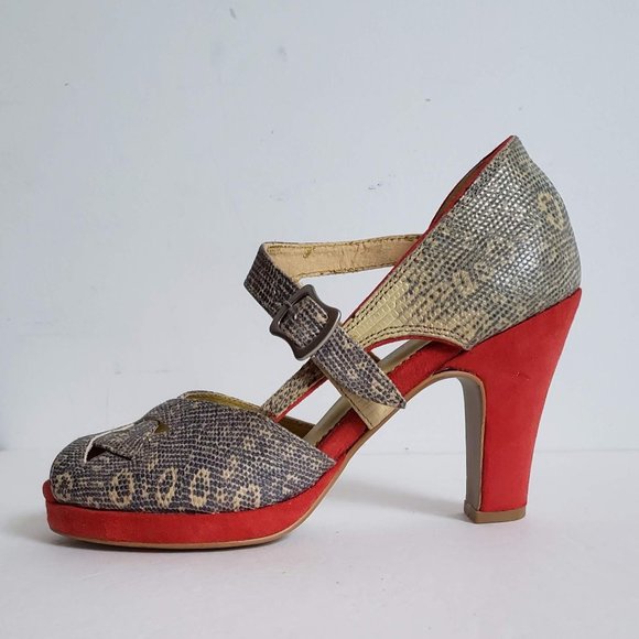 FARYLROBIN Leather Snakeskin Coral Red Suede Peep Toe Heels Anthropologie - Picture 9 of 15